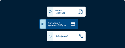 Προβολή τριών τρόπων πληρωμής. Μέσω τραπέζης, Πιστωτική ή Χρεωστική Κάρτα και Τηλεφωνικά.