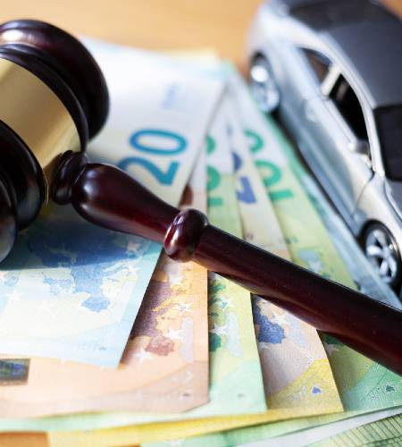Σφυρί δικαστή πάνω σε χαρτονομίσματα ευρώ και αυτοκινητάκι, απεικόνιση για το τι καλύπτει η νομική προστασία οδηγού