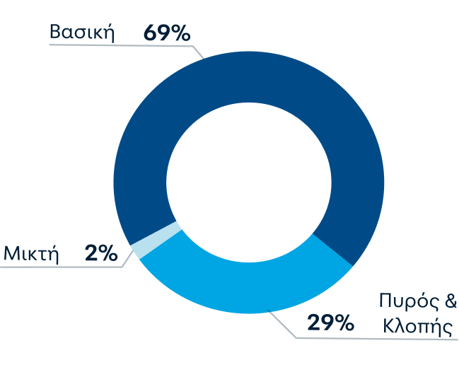 Διάγραμμα πίτας με την κατανομή των ασφαλιστικών πακέτων με βάση τον τύπο του πακέτου. Το 69% των πελατών μας επιλέγει βασική ασφάλεια. Το 29% των πελατών μας επιλέγει πυρός και κλοπής. Το 2% των πελατών μας επιλέγει μικτή ασφάλεια.