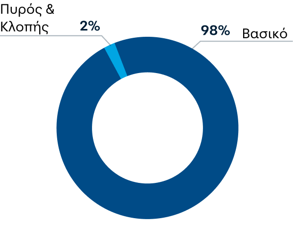 Διάγραμμα πίτας με την κατανομή των ασφαλιστικών πακέτων με βάση τον τύπο του πακέτου. Το 98% των πελατών μας επιλέγει βασική ασφάλεια. Το 2% των πελατών μας επιλέγει πυρός και κλοπής.